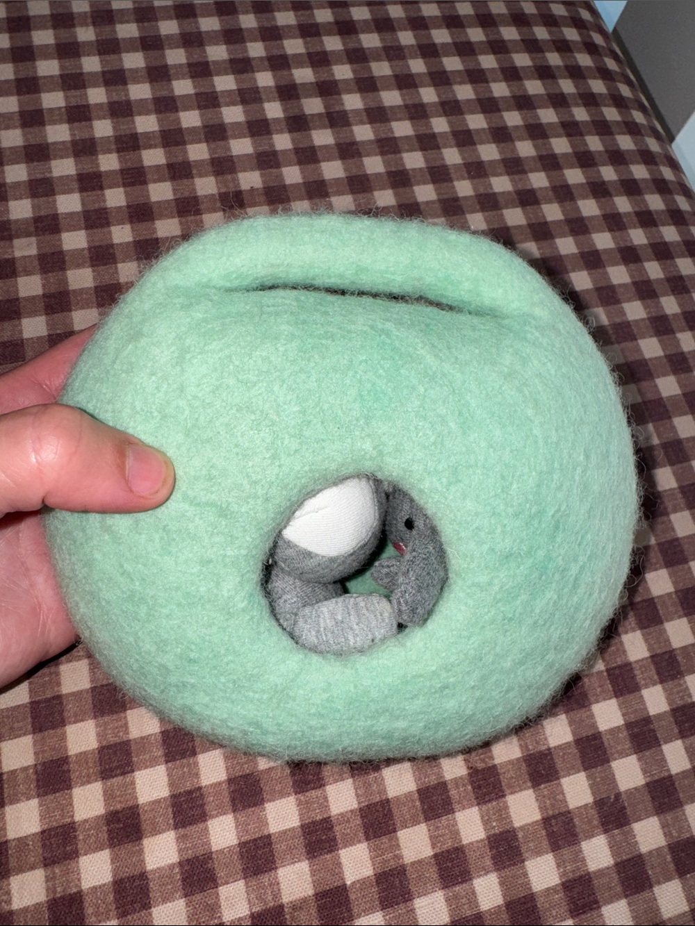 LOVEVERY Soft Felt Mint Green Donut Plush Pet Hideaway with Gray Bunny Toys - Picture 3 of 5